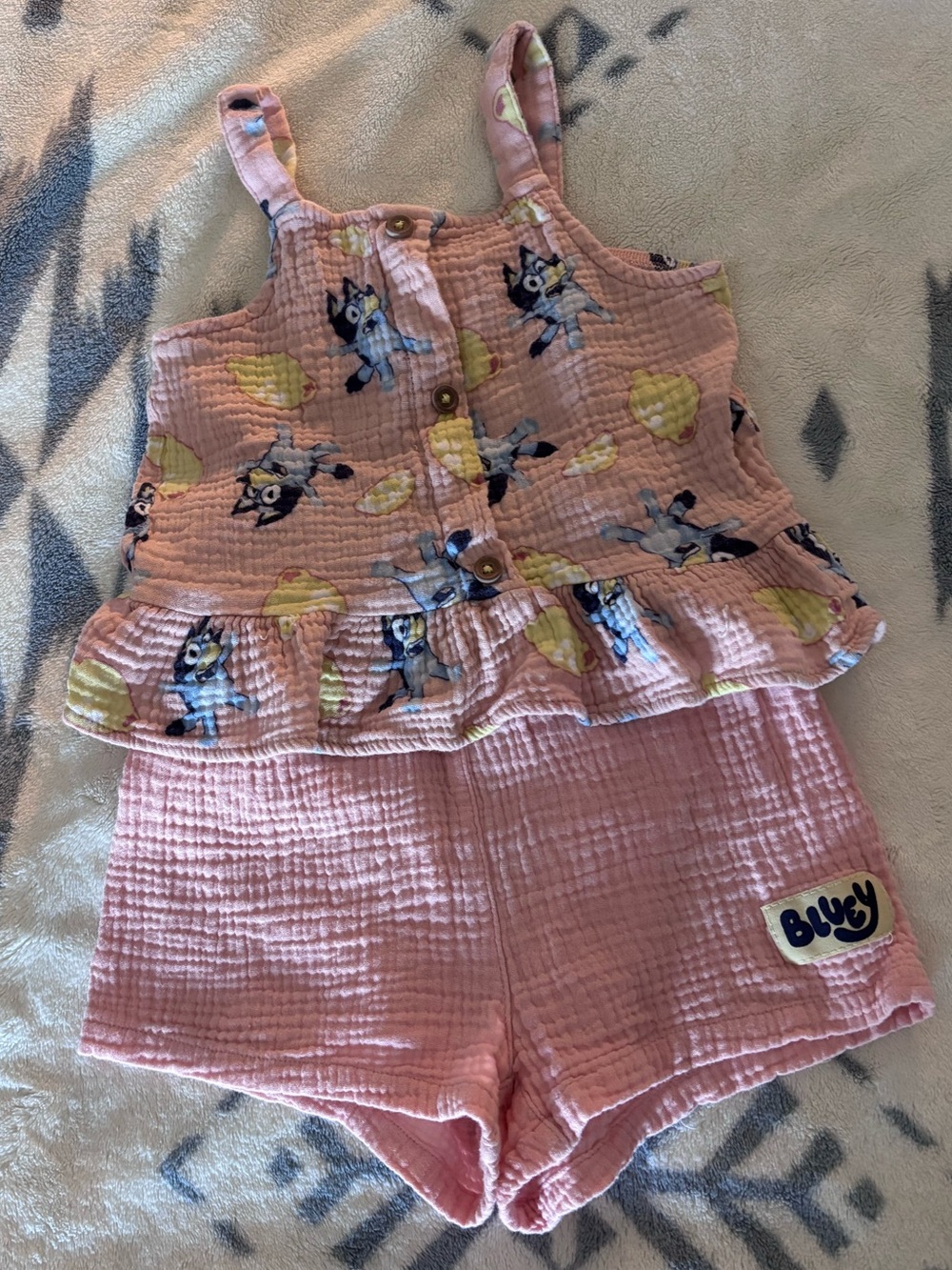 Pink Two-Piece Ruffled Tank & Shorts Set with lemons and Bluey